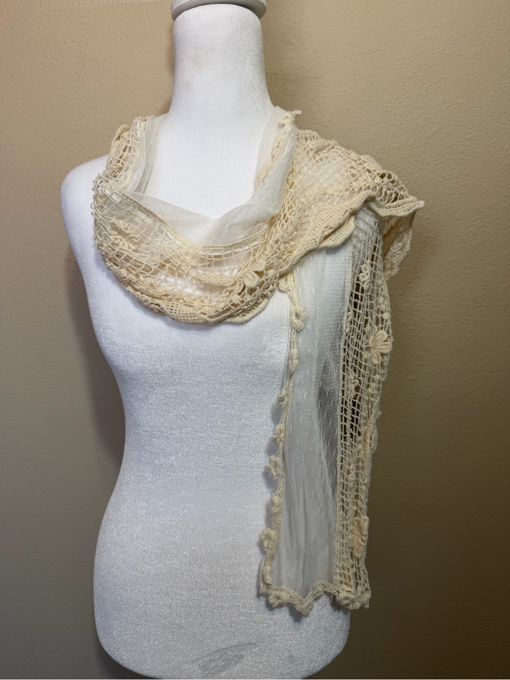 Boho Vintage Cream Crochet Floral Lace & Mesh Long Scarf This & That